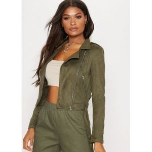 Niki Khaki Faux Suede Biker Jacket